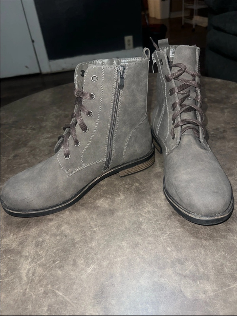 Alain Gray Lace-Up Combat Boots with Side Zipper